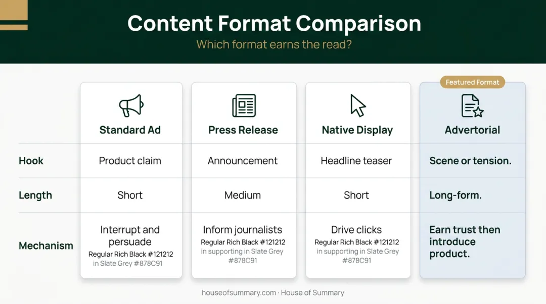 Four content format types comparison chart advertorial versus standard ad native display press release