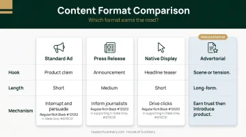 Four content format types comparison chart advertorial versus standard ad native display press release