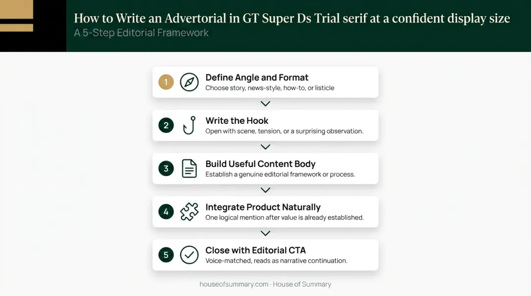 Five-step advertorial copywriting process from angle selection to editorial CTA review