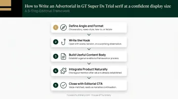 Five-step advertorial copywriting process from angle selection to editorial CTA review