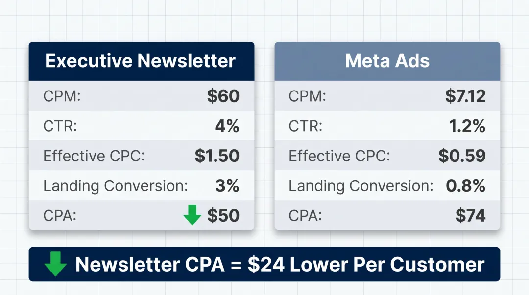 Newsletter native ads versus Meta ads CPA cost per acquisition side-by-side comparison