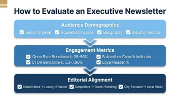 Executive newsletter evaluation checklist with three key criteria and benchmark metrics