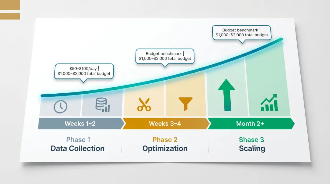Native affiliate campaign profitability timeline showing 8-week testing and optimization phases
