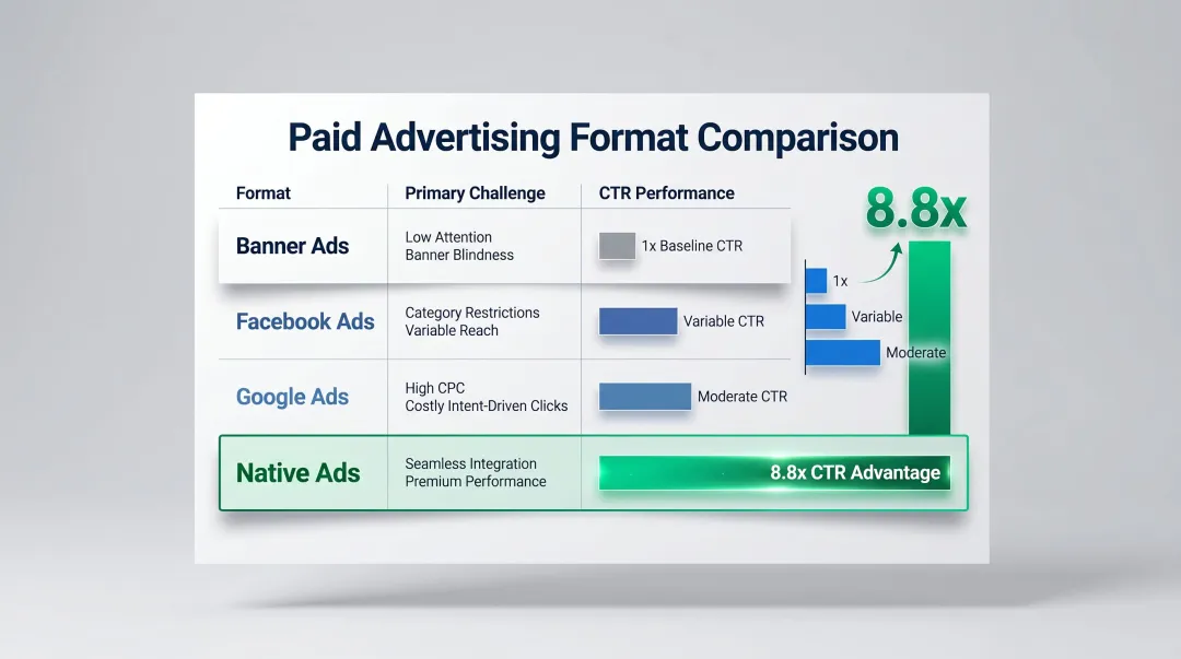 Four paid ad formats comparison chart showing CTR performance and key challenges