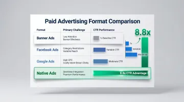 Four paid ad formats comparison chart showing CTR performance and key challenges