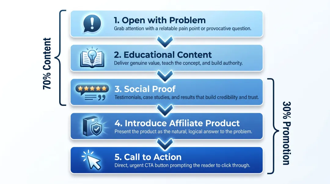 5-part bridge page structure process flow from problem hook to affiliate call-to-action