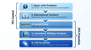 5-part bridge page structure process flow from problem hook to affiliate call-to-action