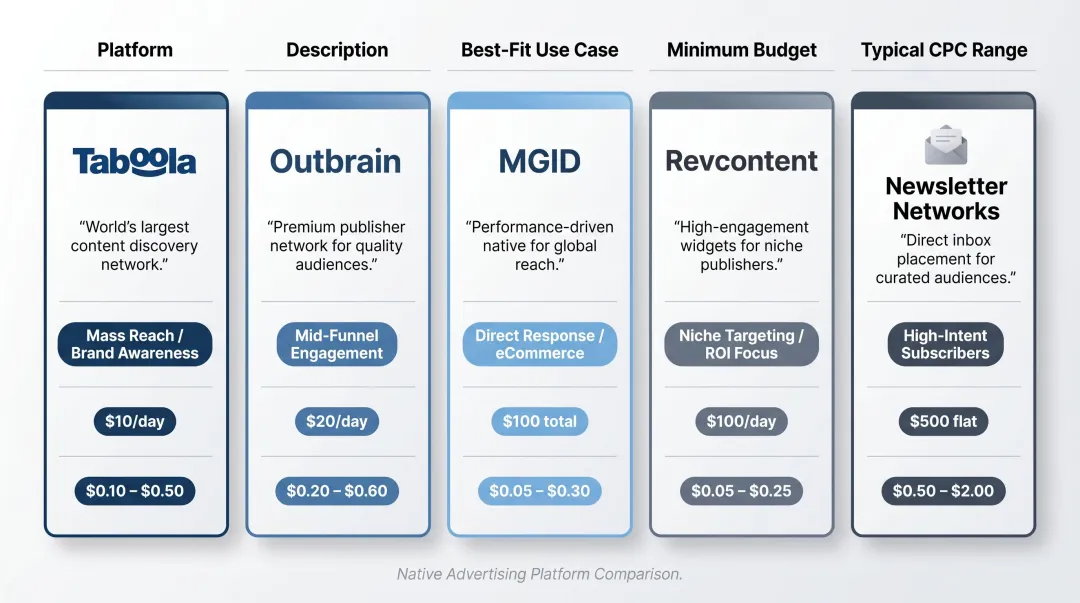 Native ad platform comparison chart showing budget requirements CPC and best use cases