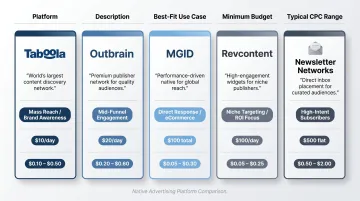 Native ad platform comparison chart showing budget requirements CPC and best use cases