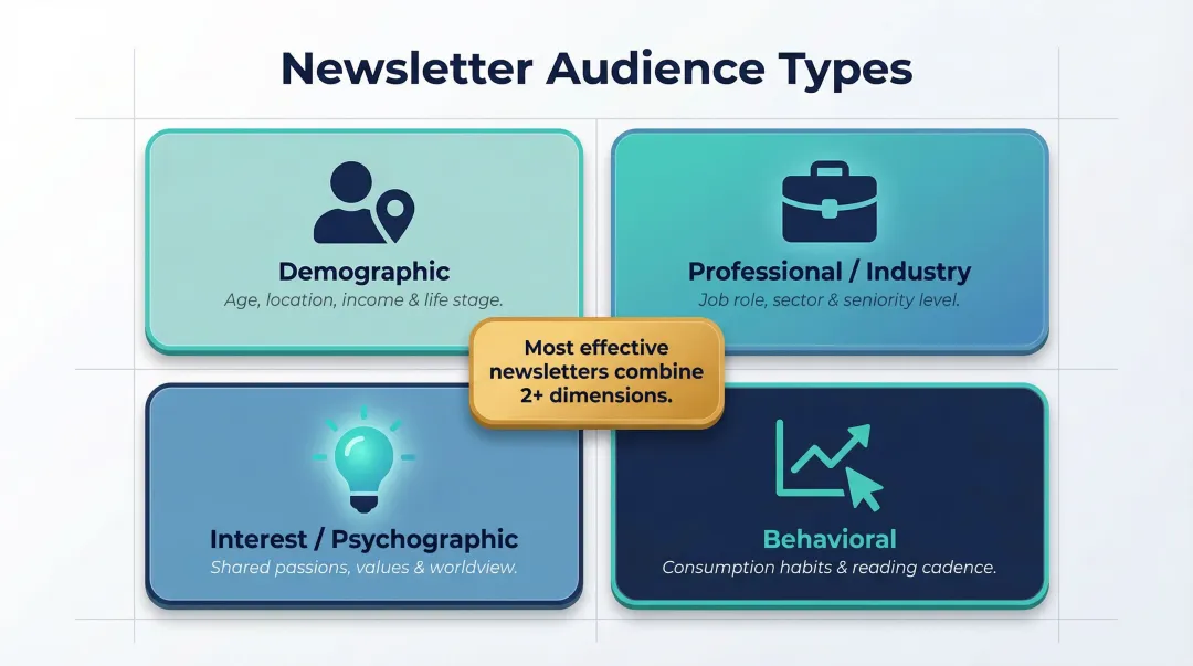 Four types of newsletter target audiences comparison infographic with icons