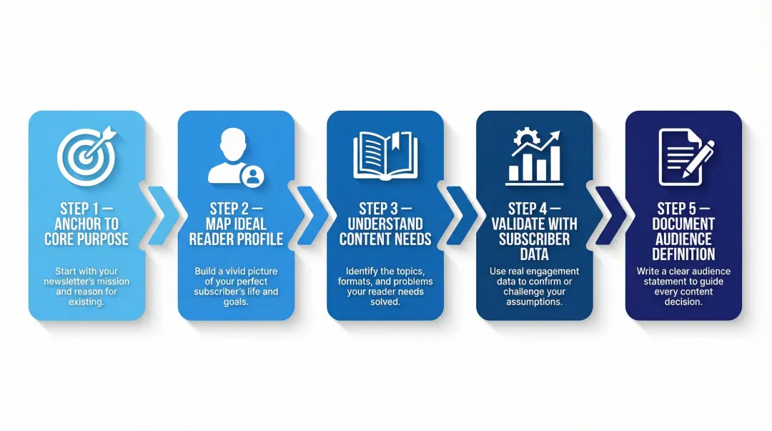 Five-step newsletter audience definition process flow from purpose to documentation