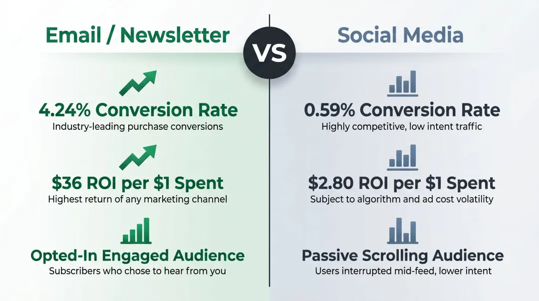 Email versus social media advertising conversion rate and ROI comparison infographic