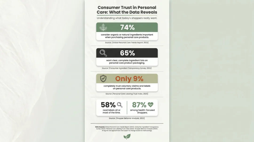 Consumer ingredient label reading habits and personal care product trust statistics infographic