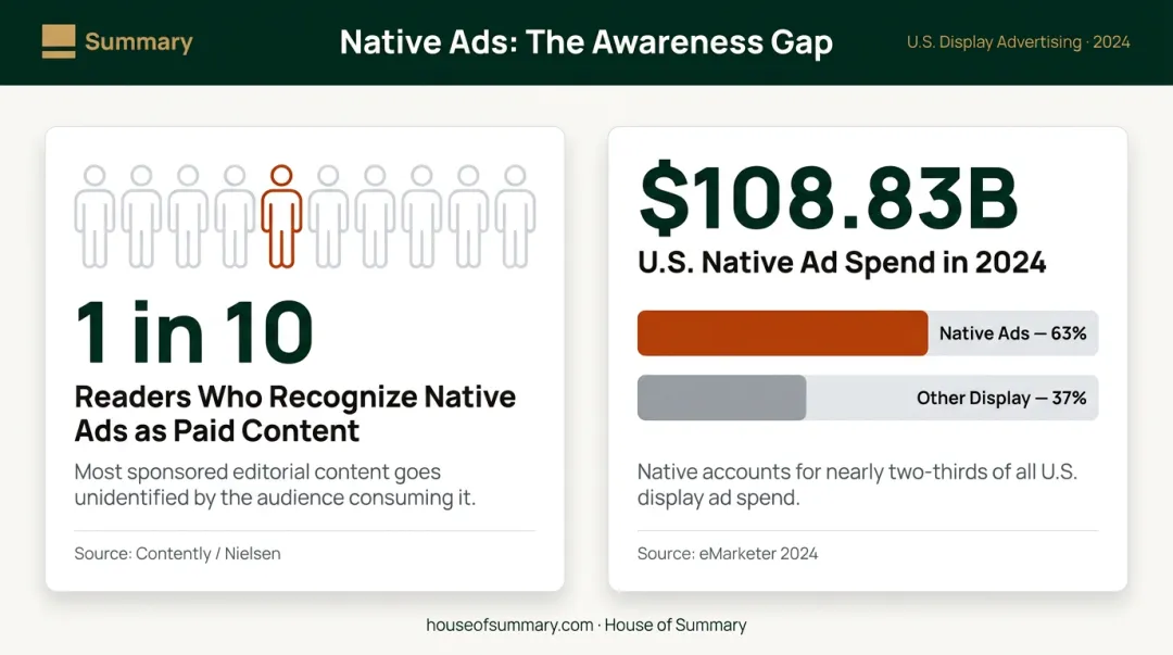 Native advertising reader recognition statistics showing less than 10 percent awareness