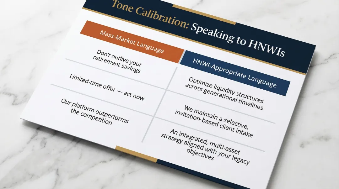 Mass-market versus HNWI messaging tone comparison table with three examples
