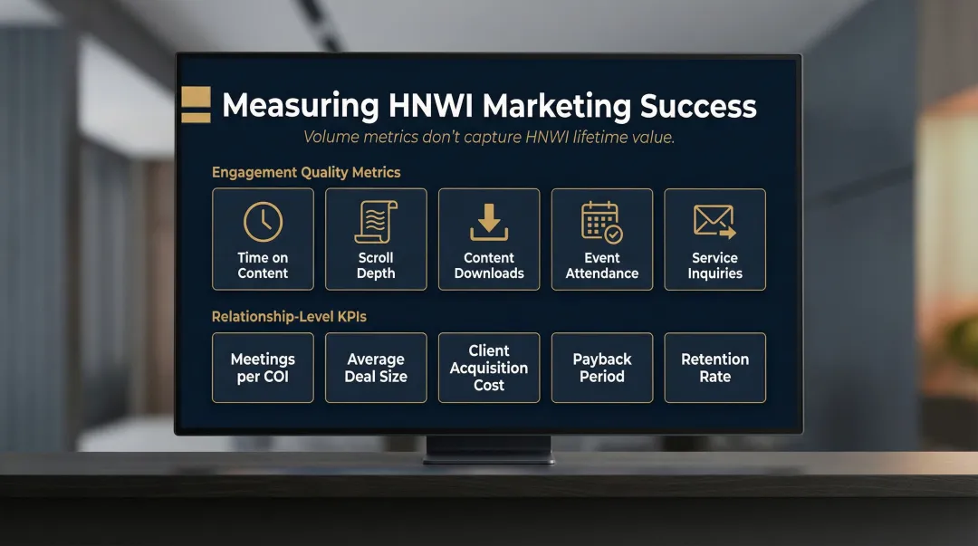 HNWI marketing KPI framework showing engagement and relationship-level metrics