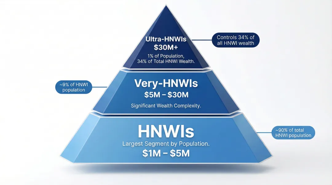 Three HNWI wealth tiers pyramid showing population and asset ranges