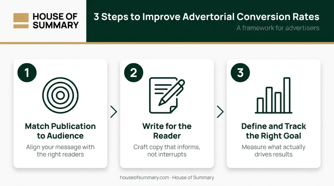 Three-step advertorial conversion rate improvement strategy process flow