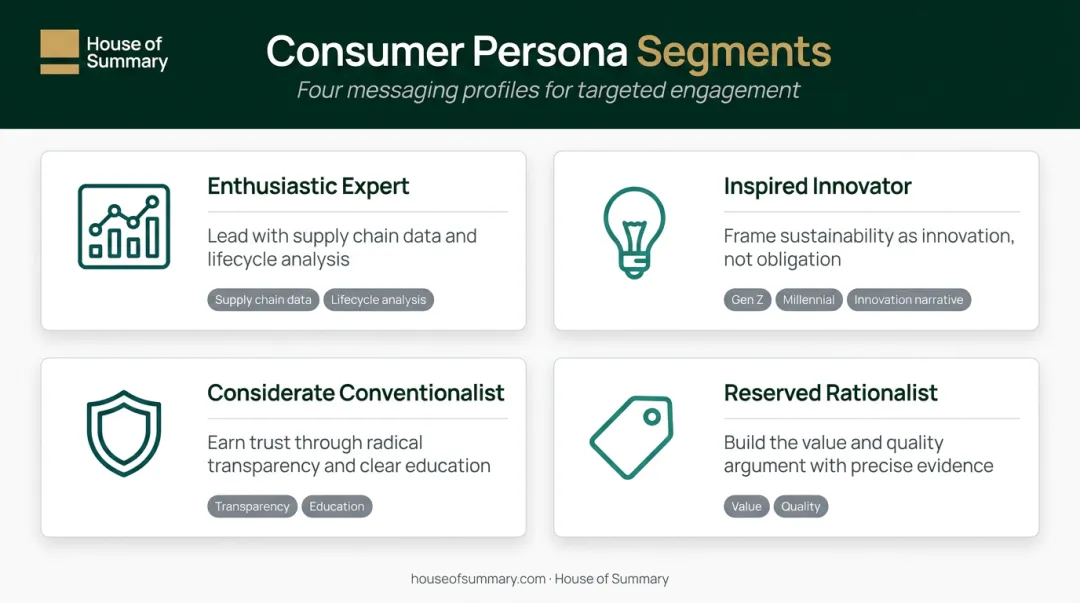 Four sustainable fashion consumer personas segmentation infographic with messaging strategies