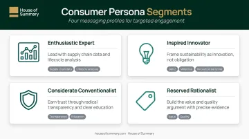Four sustainable fashion consumer personas segmentation infographic with messaging strategies
