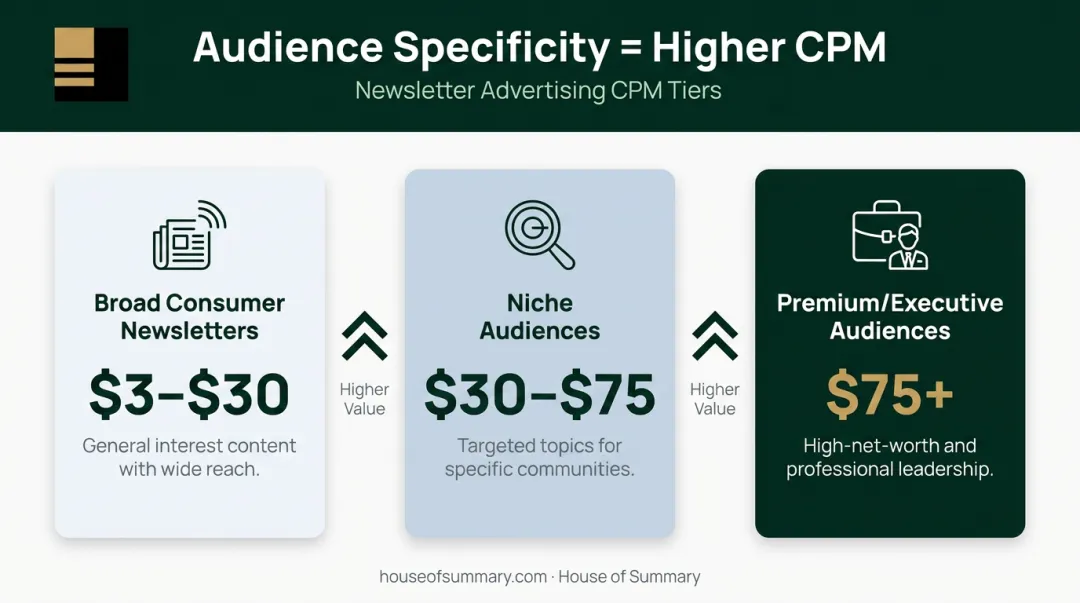 Newsletter CPM pricing tiers from broad consumer to premium executive audiences
