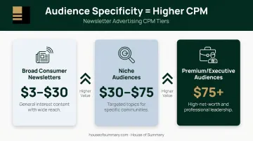 Newsletter CPM pricing tiers from broad consumer to premium executive audiences