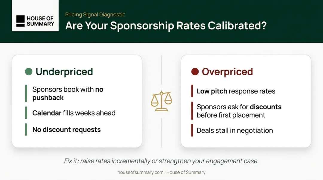 Newsletter sponsorship pricing calibration signals underpriced versus overpriced comparison