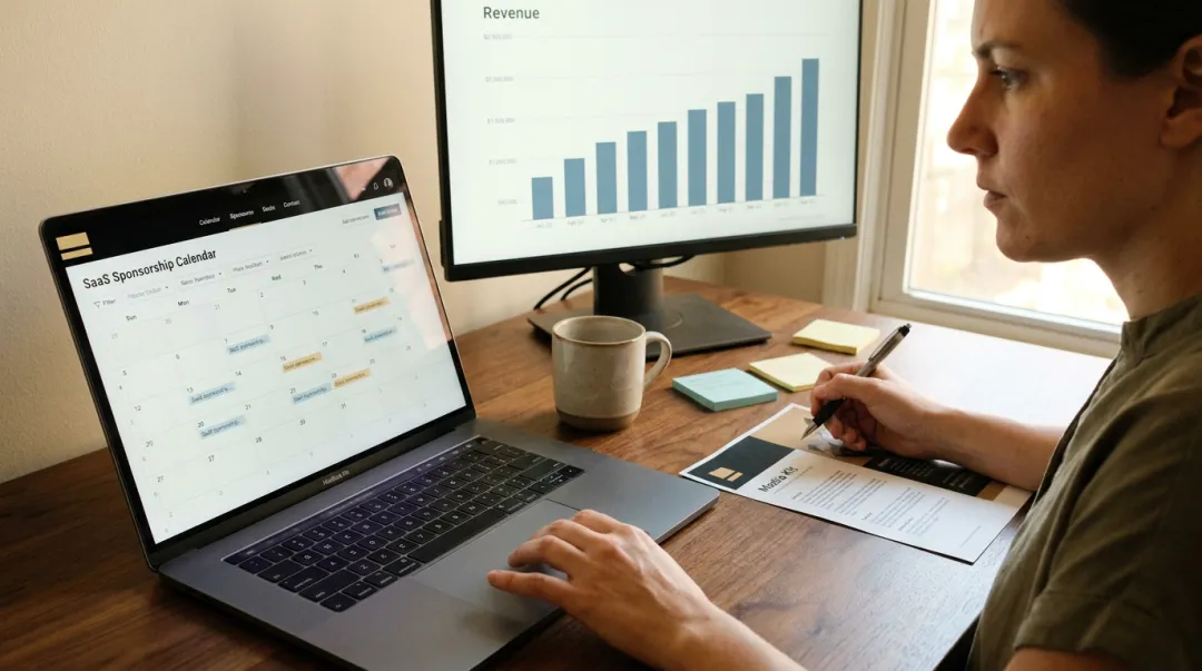 Newsletter publisher reviewing multi-issue sponsorship packages and revenue calendar on laptop