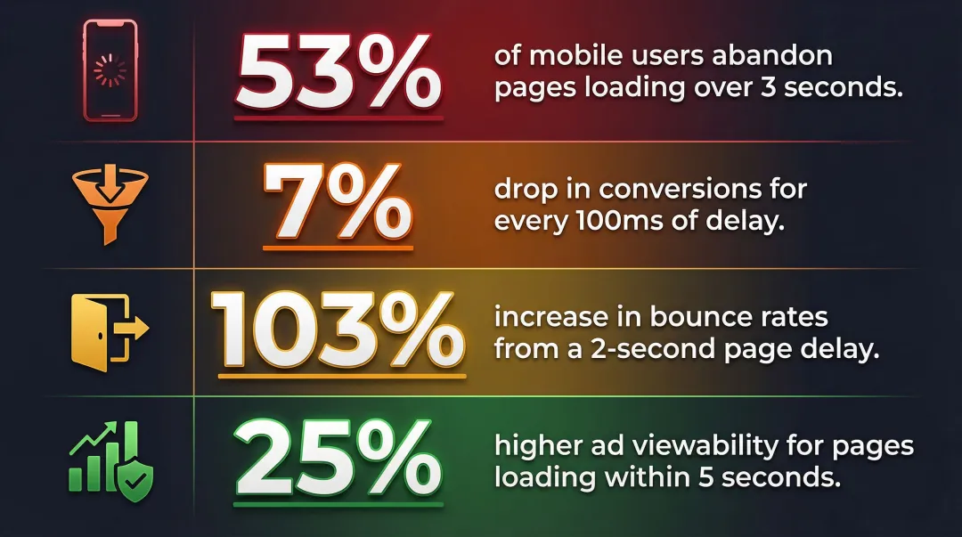 Page load speed impact on ad engagement bounce rate and conversion statistics