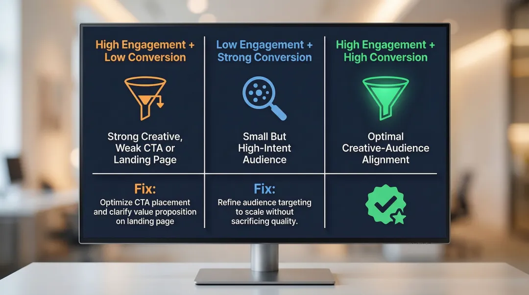 Three ad engagement and conversion pattern combinations with recommended fixes