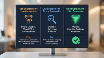 Three ad engagement and conversion pattern combinations with recommended fixes