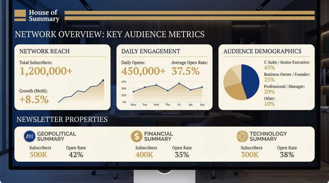 House of Summary newsletter network dashboard showing subscriber reach and open rates