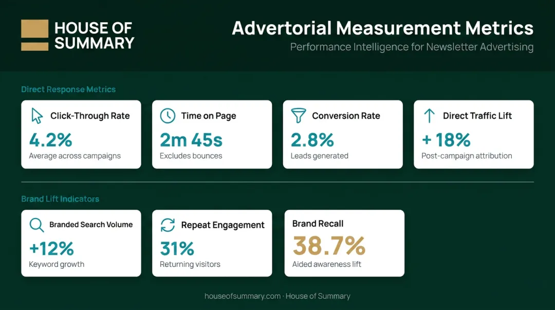 Advertorial performance metrics dashboard showing recall brand lift and conversion indicators