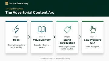 Four-step advertorial writing process flow from hook to call-to-action