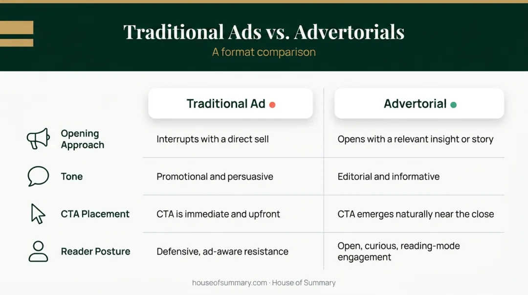 Traditional advertisement versus advertorial side-by-side format comparison infographic