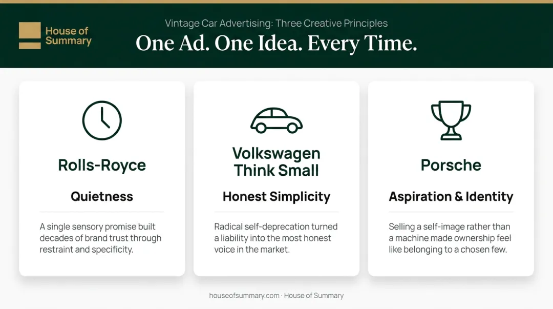 Three classic car ad campaign strategies Rolls-Royce VW Porsche comparison infographic
