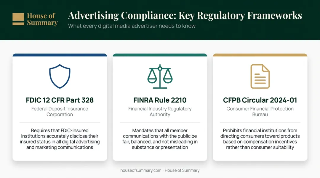 Three key financial digital marketing compliance regulations FDIC FINRA CFPB overview