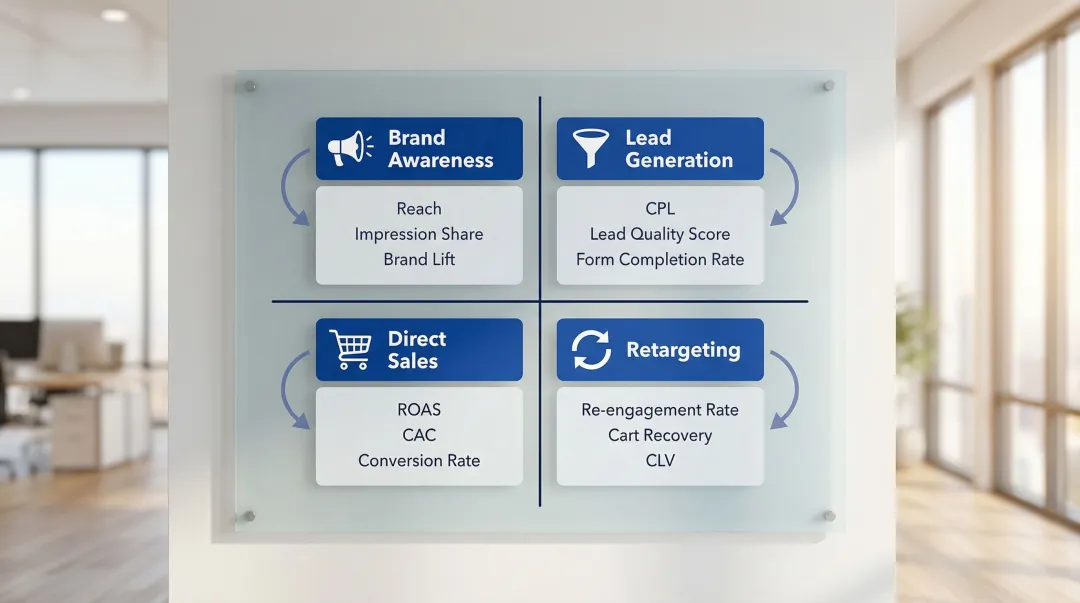 Campaign goal to KPI mapping framework four advertising objectives infographic