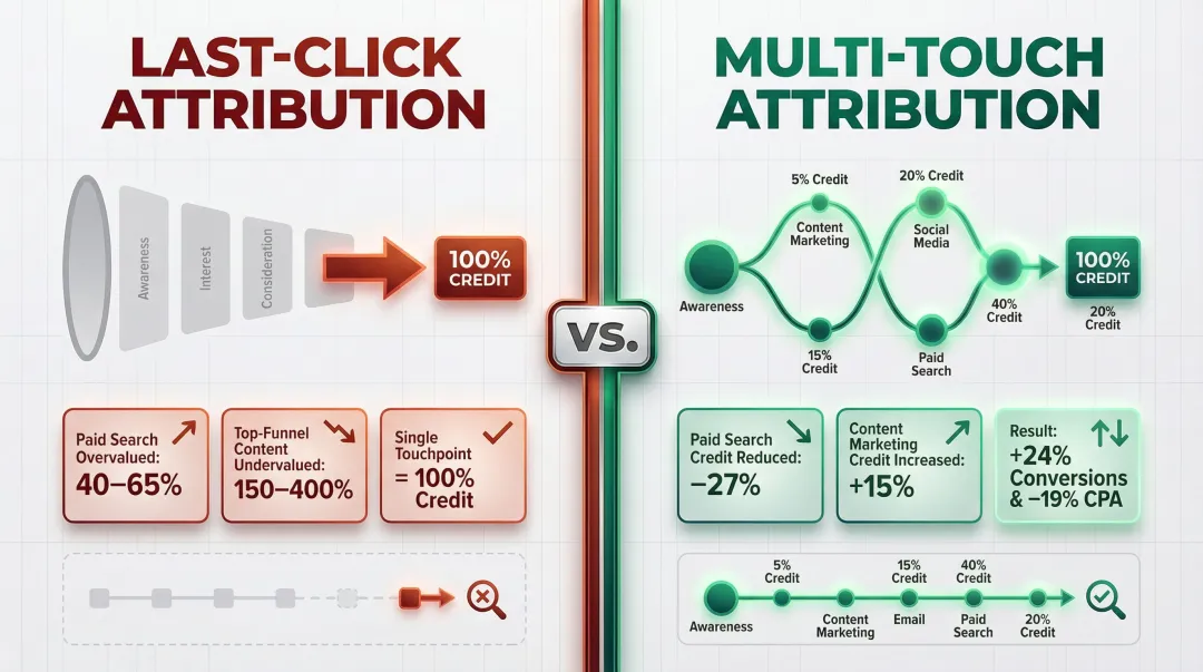 Last-click versus multi-touch attribution model budget reallocation impact comparison infographic
