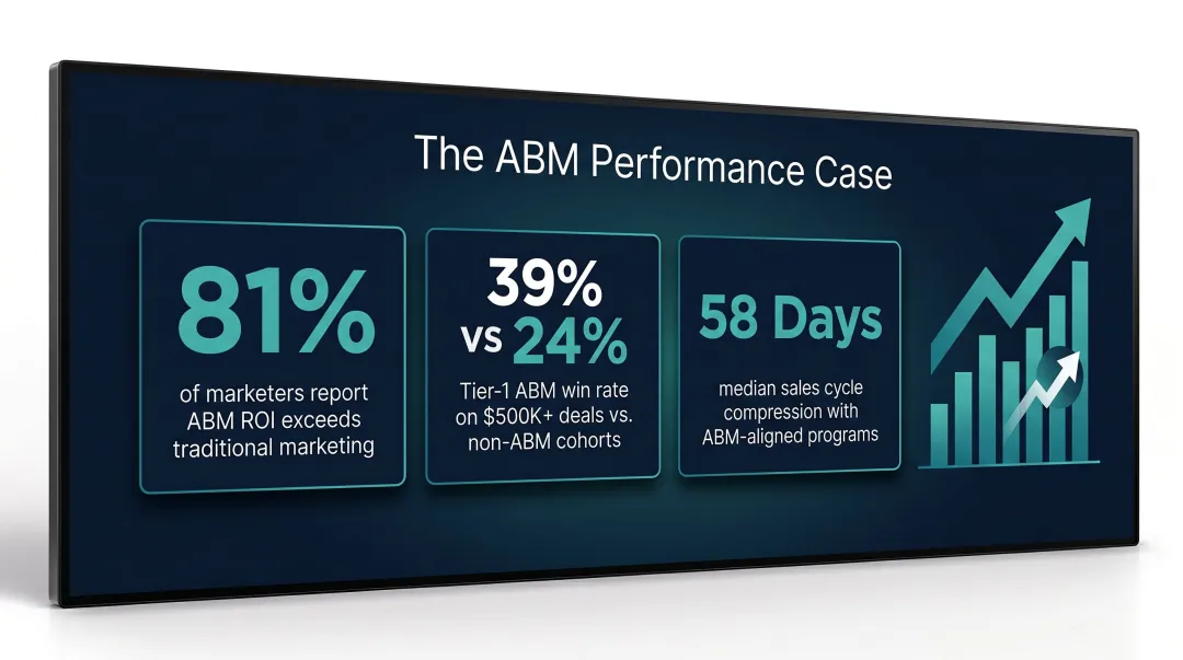 ABM program performance statistics showing ROI win rates and deal cycle improvements