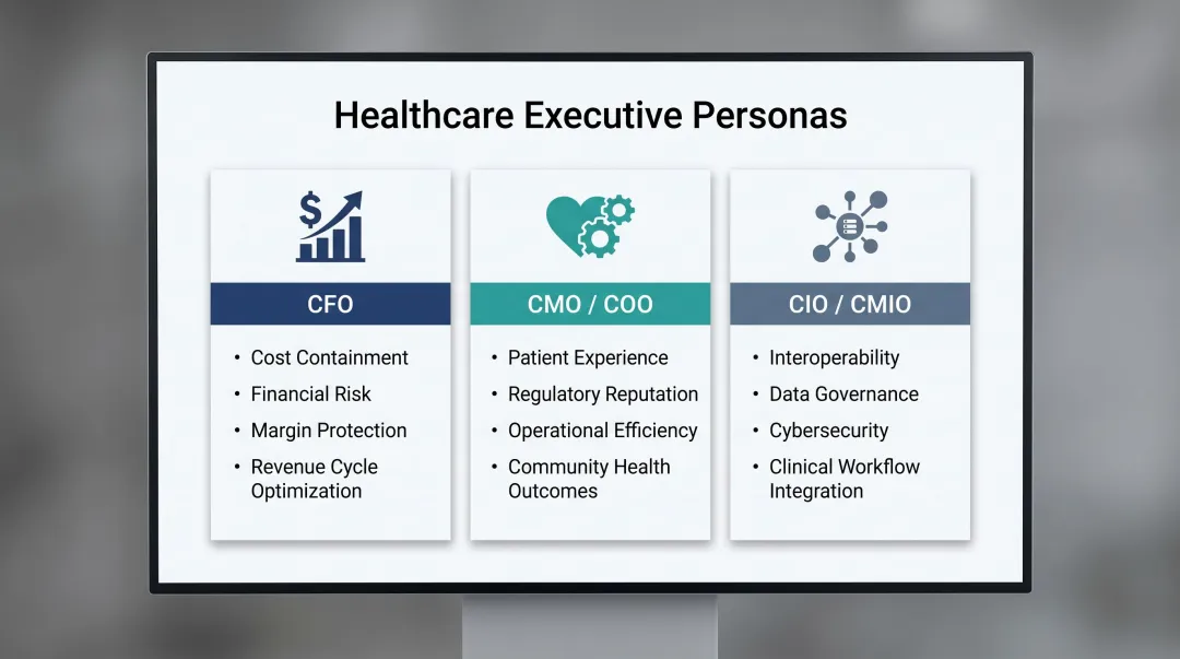 Healthcare executive personas CFO CMO CIO strategic priorities comparison infographic