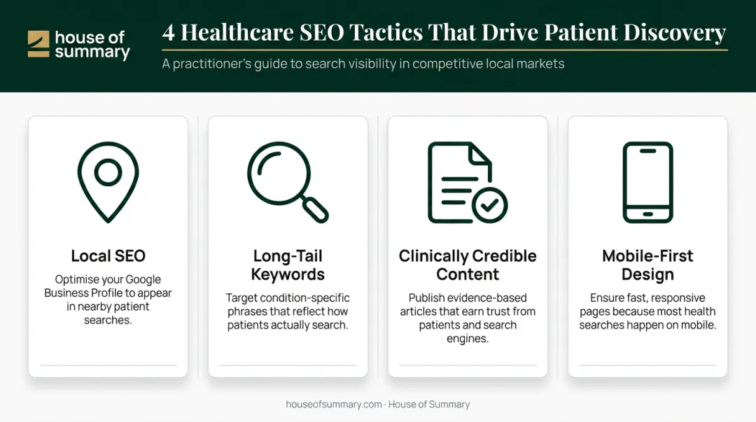 Four key healthcare SEO tactics infographic from local search to mobile optimization