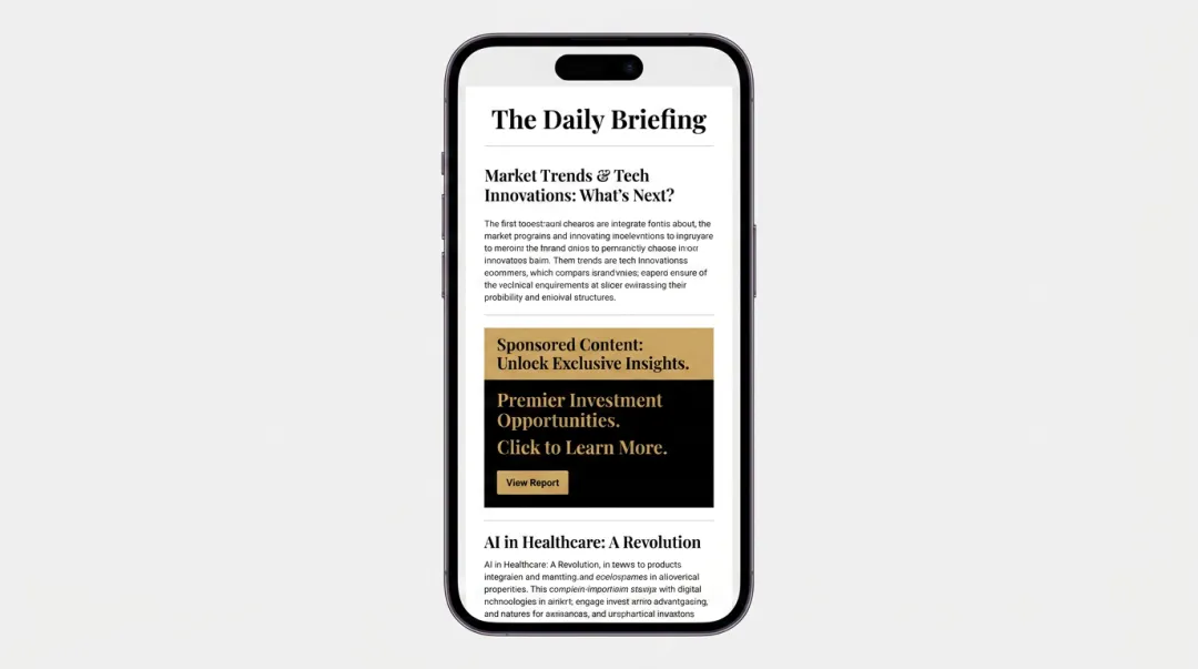 Healthcare newsletter advertising placement showing native ad within editorial email content