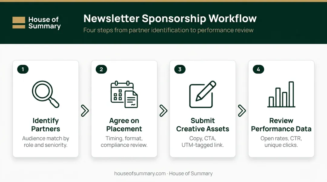 4-step fintech newsletter sponsorship workflow from partner selection to performance review