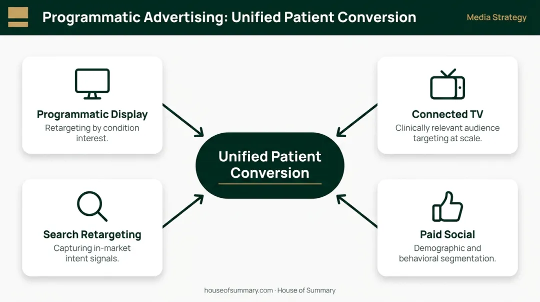 Four-channel programmatic healthcare advertising campaign coordination flow diagram