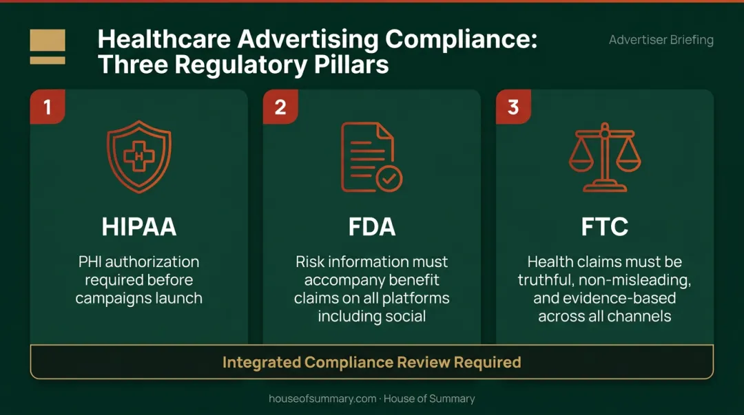 Three healthcare marketing compliance regulations HIPAA FDA FTC requirements infographic
