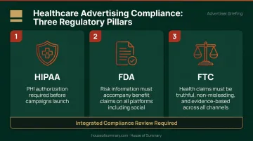 Three healthcare marketing compliance regulations HIPAA FDA FTC requirements infographic