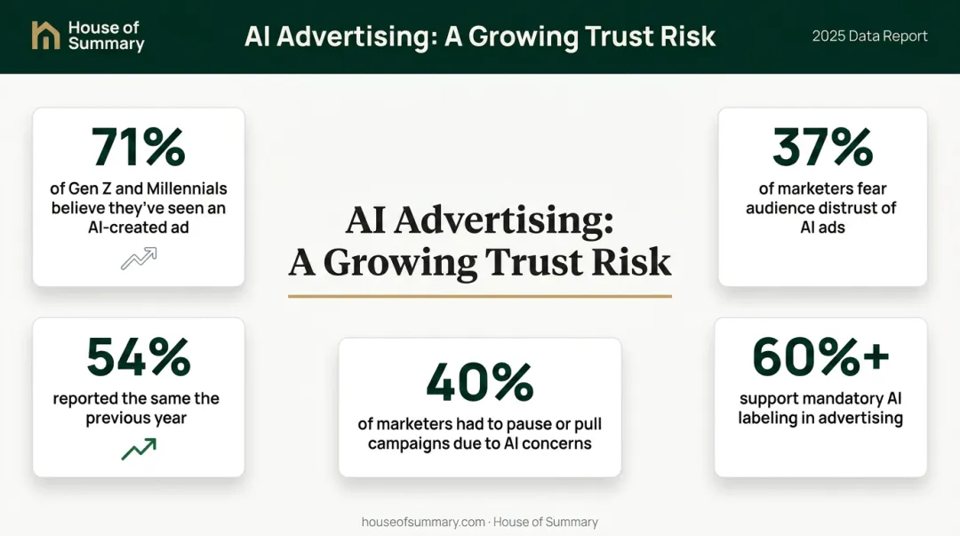 AI generated advertising consumer distrust and marketer concern statistics breakdown infographic