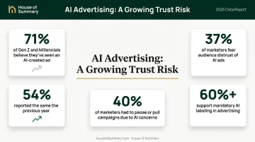 AI generated advertising consumer distrust and marketer concern statistics breakdown infographic