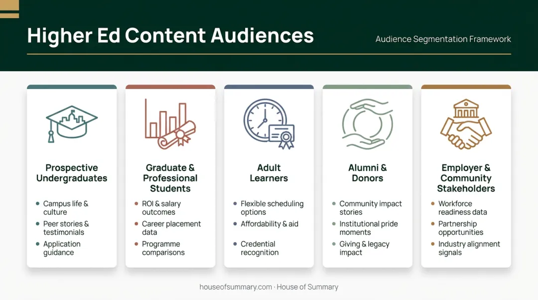 Higher ed audience segmentation map showing five student groups and content needs